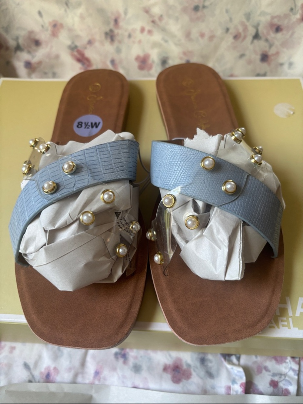 Olivia Miller Light Blue Pearl-Embellished Slide Sandals